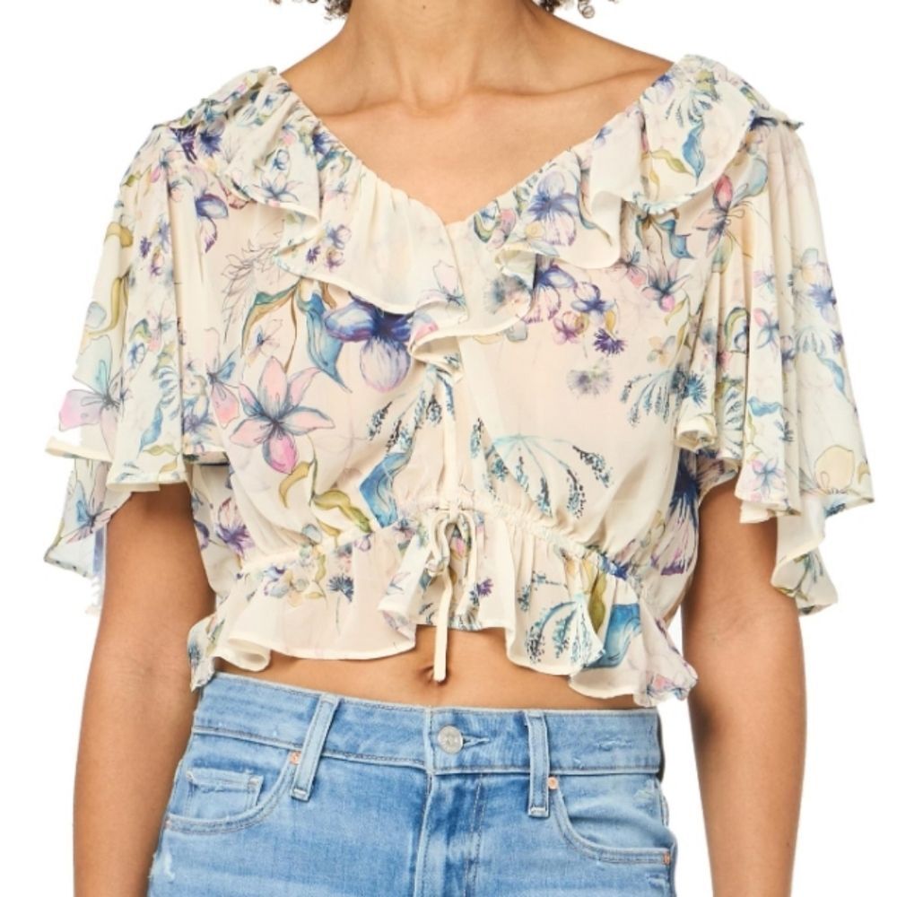 NWT Steve Madden Floral Crop Brighton Top Ruffle Short Sleeve Cream - Size M